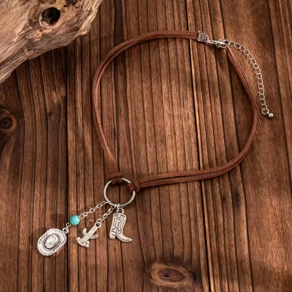 ​Brown Suede Western Choker Necklace Silver Cowboy Boot Hat & Cactus Charms